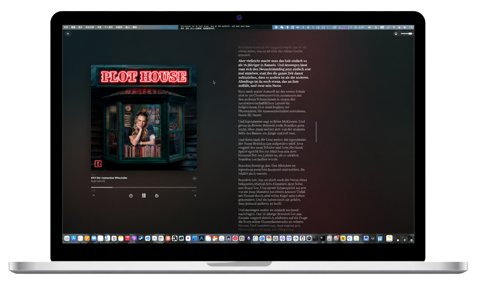 Sideband showing bilingual live captions above Apple Podcasts on a MacBook